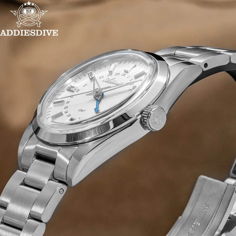 ADDIESDIVE AD2065 Men's GMT Quartz Watch | Stainless Steel 100M Waterproof | Blue Luminous Bubble Glass