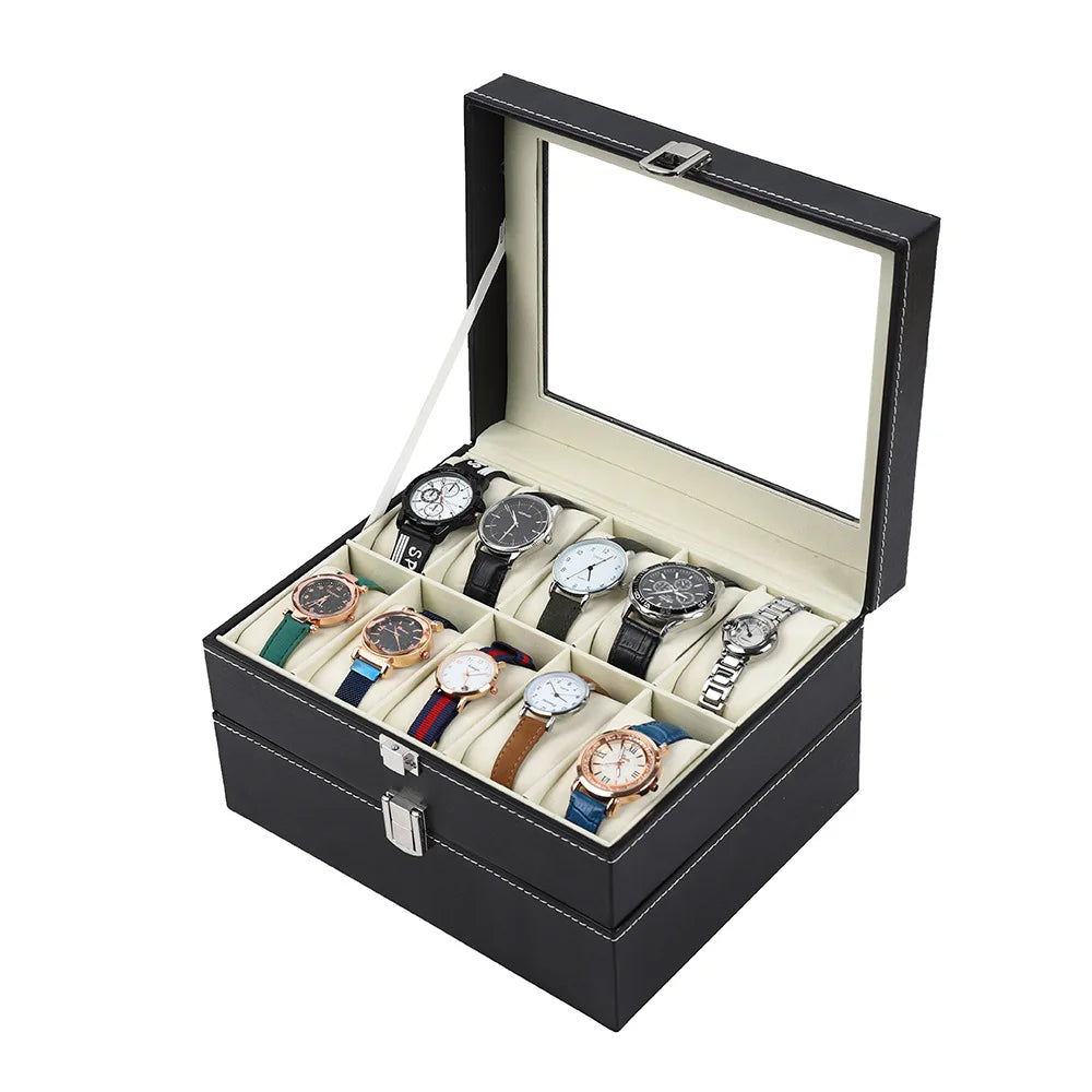 PU Leather Watch Organizer Box - Travel Display Case with Glass Lid