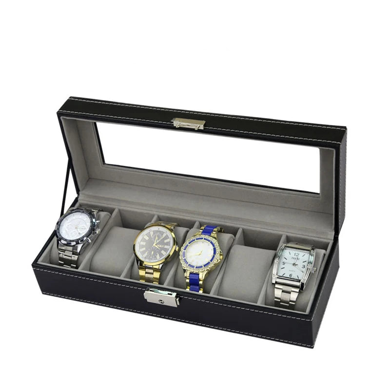 PU Leather Watch Organizer Box - Travel Display Case with Glass Lid