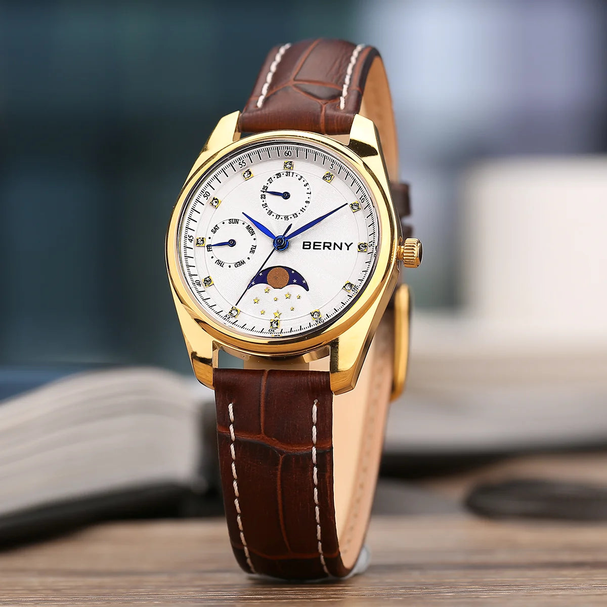 BERNY Men's and Women's Quartz Watch Moon Phase Day Date Calendar Dress Watch MIYOTA 6P20