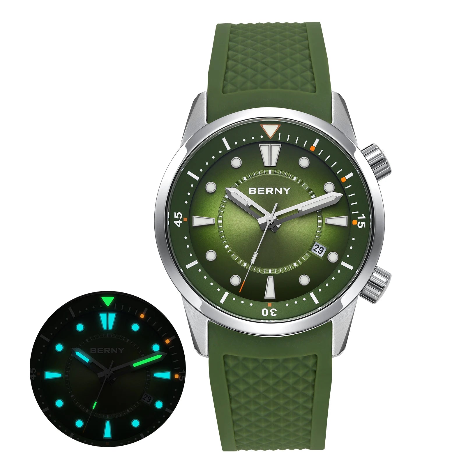 BERNY Automatic Diver Watch - Miyota 8215 200M Sapphire Crystal AR Coated Silicone Strap Internal Rotating Bezel