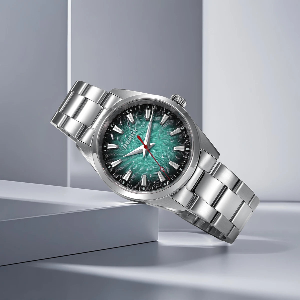 BERNY Men's Textured Dial Luminous Sapphire Crystal Precision Quartz 10ATM Full Stainless Steel Watch