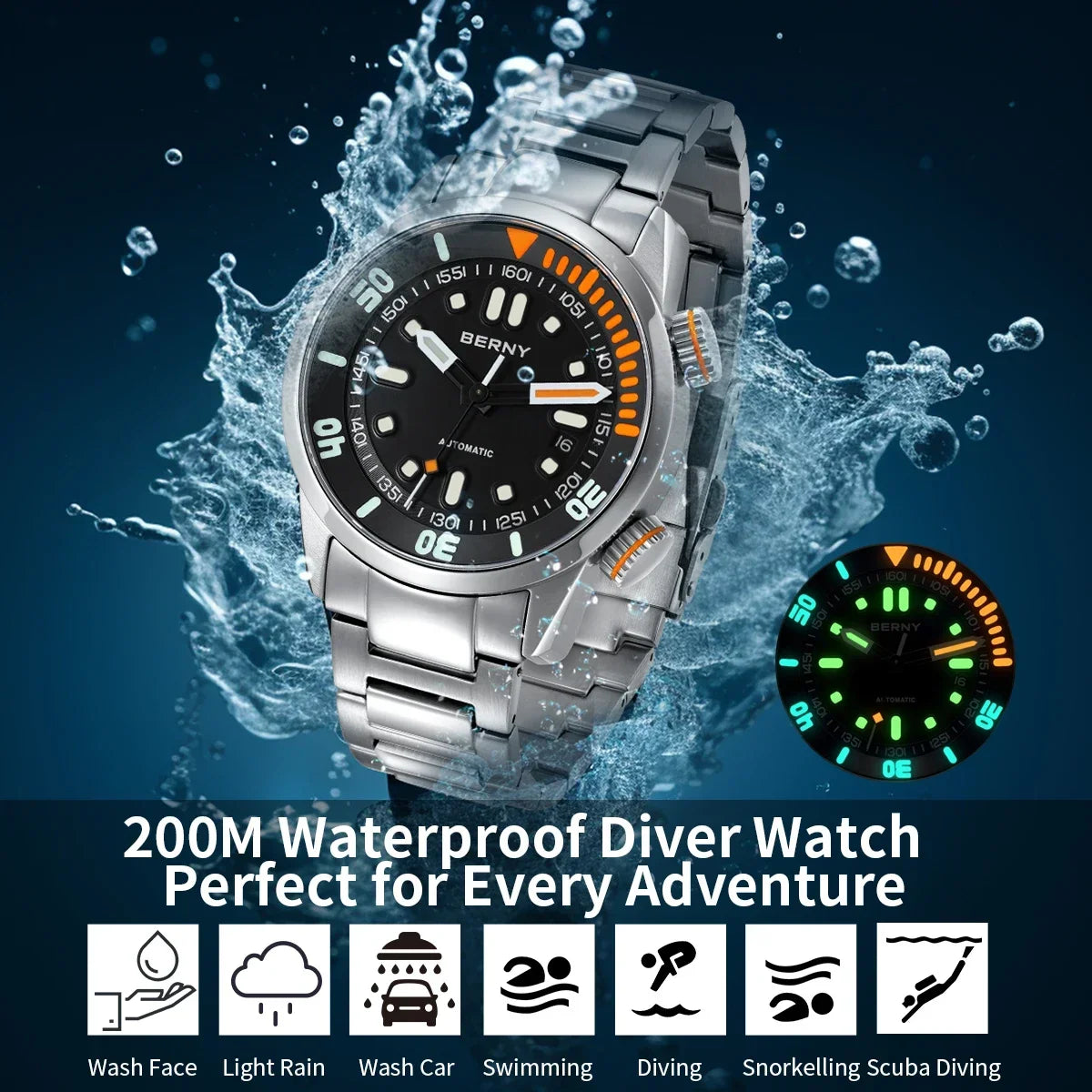 BERNY Automatic Dive Watch - Original Design 20ATM Super Luminous Sapphire Crystal Internal Rotating Bezel