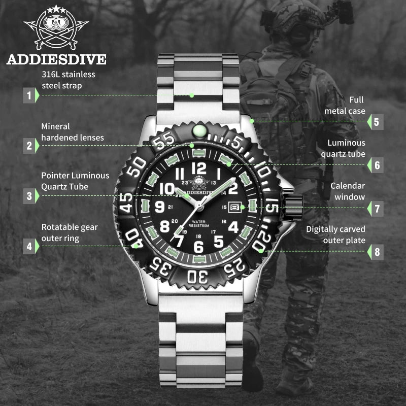 ADDIESDIVE MY-050S Military Watch | 50mm Miyota 2115 | Nylon Strap | Tubular Luminous | 50M