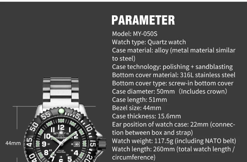 ADDIESDIVE MY-050S Military Watch | 50mm Miyota 2115 | Nylon Strap | Tubular Luminous | 50M