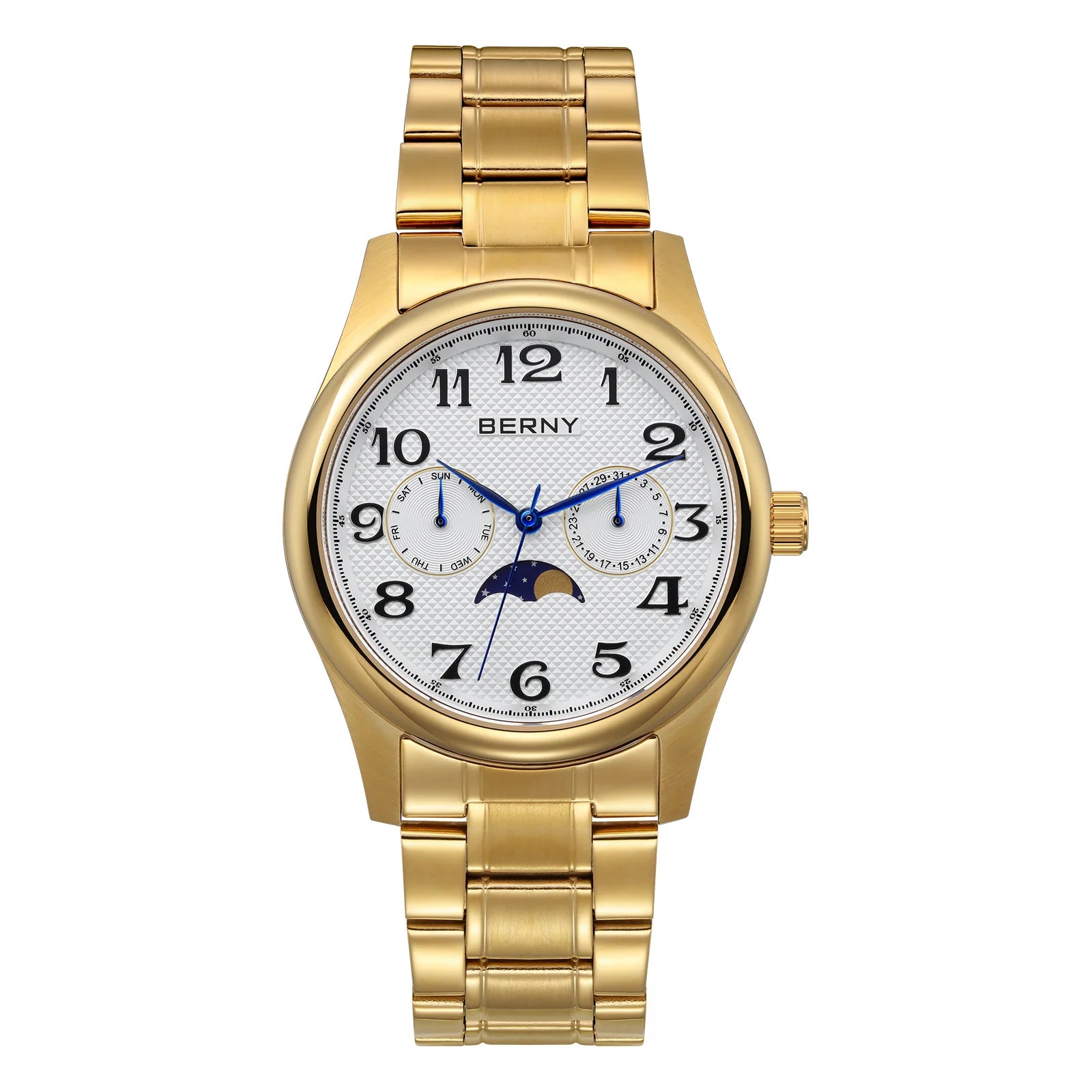 BERNY Men's Moon Phase Quartz Day Date Calendar Easy Read Vintage Style