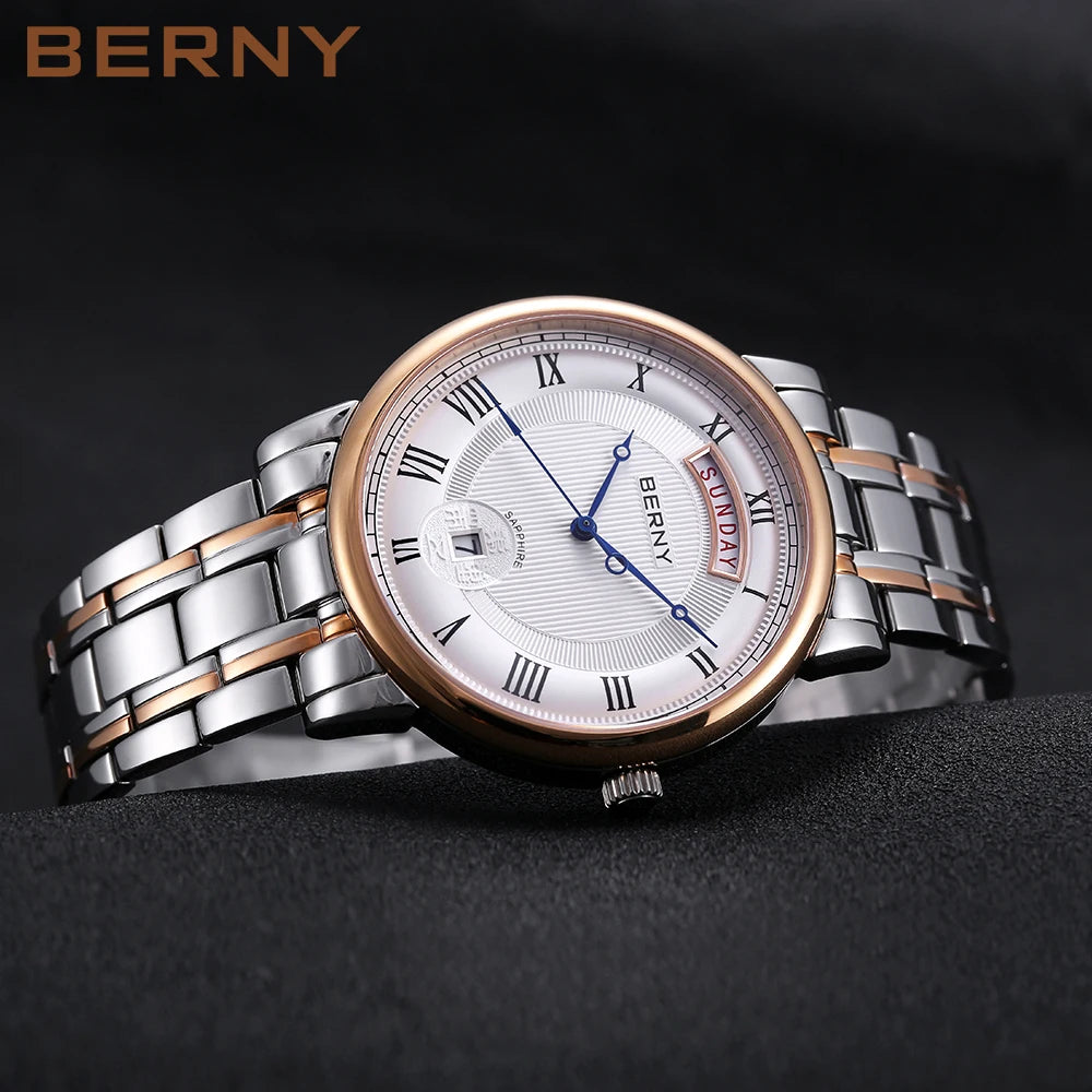 BERNY Men Quartz Dress Watch Miyota VJ55T Day Date Stainless Steel Wristwatch Sapphire Crystal